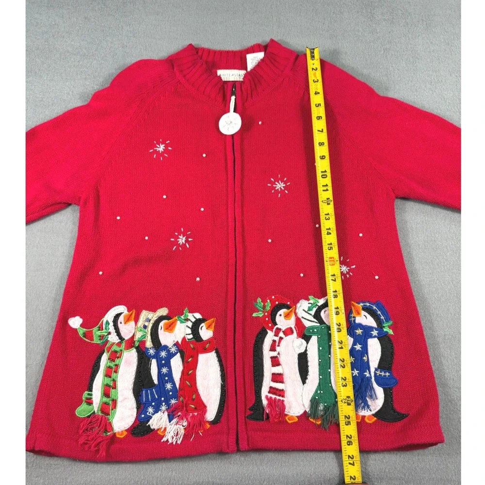 White Stag Red Penguin Ugly Christmas Cardigan Sweater Holiday‎ Festive Large